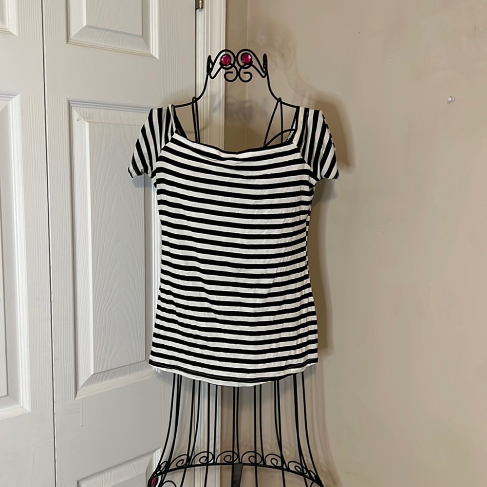 Off the Shoulder Black and White Stripe Shirt, Size: Medium